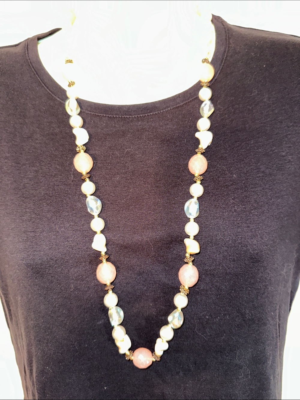Pink Faceted Stone & Faux Pearl Bead Long Necklace - Picture 2 of 5